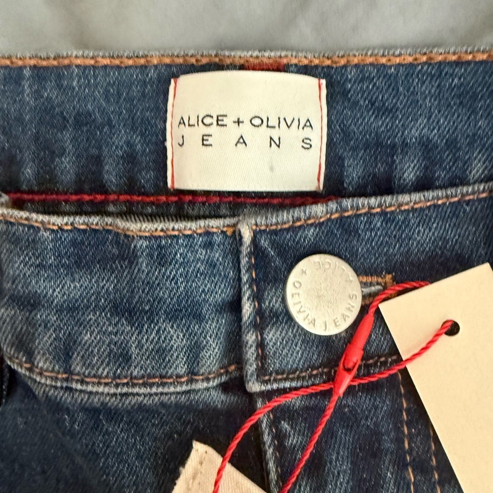 Alice + Olivia Faux Leather Patchwork High Rise Blue Flare Jeans - Picture 6 of 9